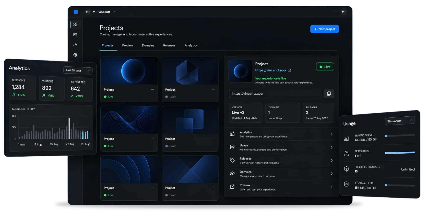 Vincentt console showing projects, live experience status, analytics, releases, domains, and usage