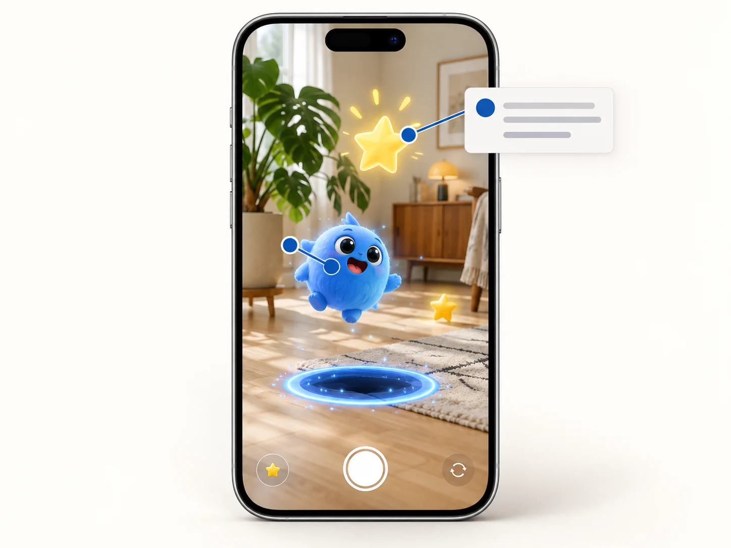 A WebAR camera experience previewed on a real phone, with feedback pins on the live view