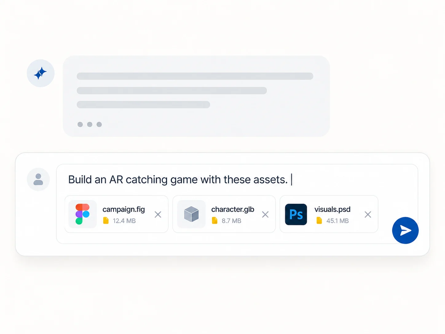 Figma, 3D model, and Photoshop files attached to an AI agent chat with a brief for a WebAR game