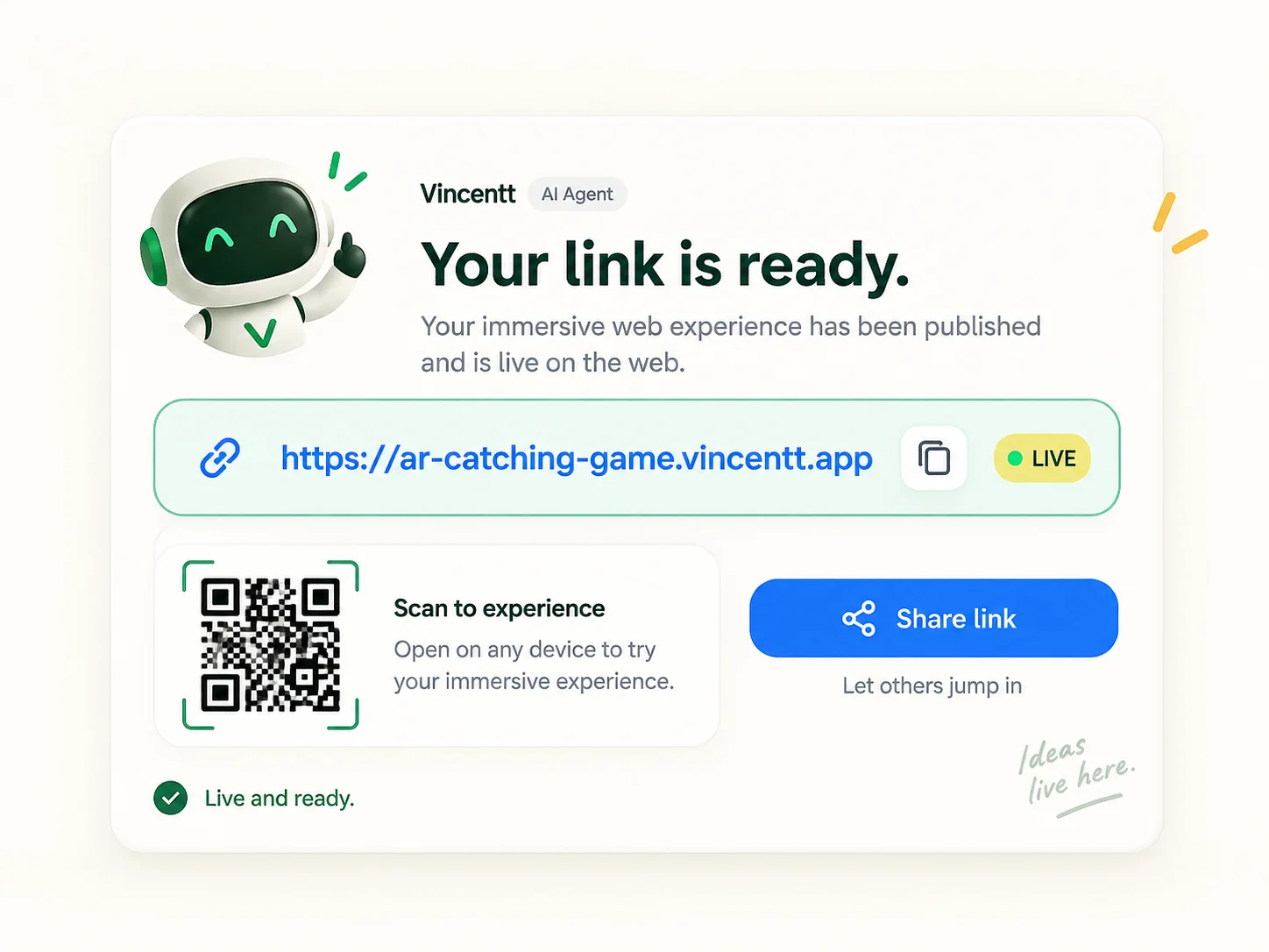 A published Vincentt camera experience with its live web link